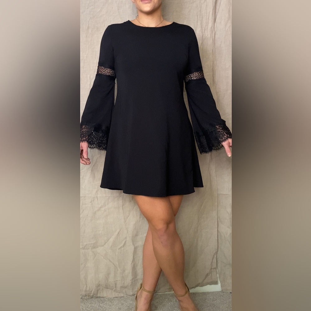 Black long bell sleeve mini dress